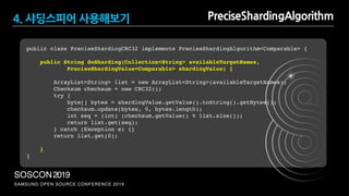 SAMSUNG OPEN SOURCE CONFERENCE 2019
SOSCON2019
PreciseShardingAlgorithm
public class PreciseShardingCRC32 implements PreciseShardingAlgorithm<Comparable> {
public String doSharding(Collection<String> availableTargetNames,
PreciseShardingValue<Comparable> shardingValue) {
ArrayList<String> list = new ArrayList<String>(availableTargetNames);
Checksum checksum = new CRC32();
try {
byte[] bytes = shardingValue.getValue().toString().getBytes();
checksum.update(bytes, 0, bytes.length);
int seq = (int) (checksum.getValue() % list.size());
return list.get(seq);
} catch (Exception e) {}
return list.get(0);
}
}
4. 샤딩스피어 사용해보기
 