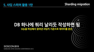 SAMSUNG OPEN SOURCE CONFERENCE 2019
SOSCON2019
Sharding migration
DB 하나에 쿼리 날리듯 작성하면 됨
SQL을 파싱해서 찾아낸 샤딩키 기준으로 데이터를 분산
5. 샤딩 스피어 활용 1탄
 
