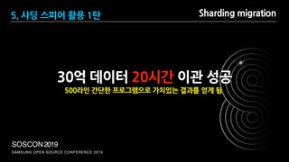 SAMSUNG OPEN SOURCE CONFERENCE 2019
SOSCON2019
Sharding migration
30억 데이터 20시간 이관 성공
500라인 간단한 프로그램으로 가치있는 결과를 얻게 됨
5. 샤딩 스피어 활용 1탄
 