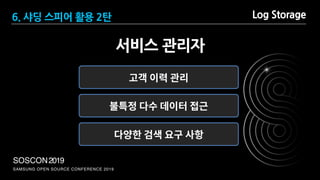 SAMSUNG OPEN SOURCE CONFERENCE 2019
SOSCON2019
Log Storage
고객 이력 관리
불특정 다수 데이터 접근
다양한 검색 요구 사항
6. 샤딩 스피어 활용 2탄
서비스 관리자
 