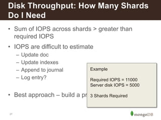Disk Throughput: How Many Shards 
Do I Need 
• Sum of IOPS across shards > greater than 
27 
required IOPS 
• IOPS are difficult to estimate 
– Update doc 
– Update indexes 
– Append to journal 
– Log entry? 
Example 
Required IOPS = 11000 
Server disk IOPS = 5000 
• Best approach – build a prototype 3 Shards Required 
and measure 
 