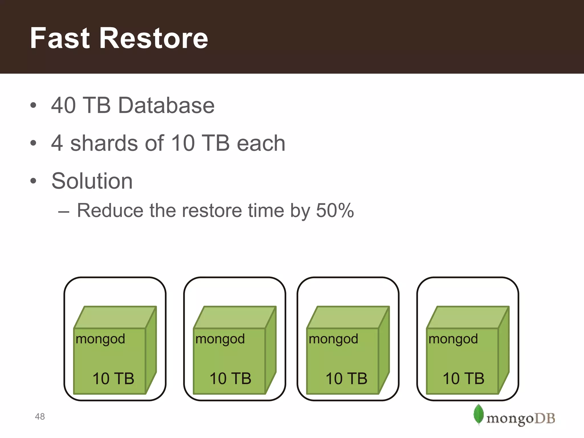 48
• 40 TB Database
• 4 shards of 10 TB each
• Solution
– Reduce the restore time by 50%
Fast Restore
mongod mongod
10 TB 10 TB
mongod mongod
10 TB 10 TB
 