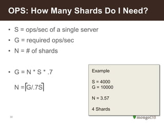 30
• S = ops/sec of a single server
• G = required ops/sec
• N = # of shards
• G = N * S * .7
N = G/.7S
OPS: How Many Shards Do I Need?
Example
S = 4000
G = 10000
N = 3.57
4 Shards
 