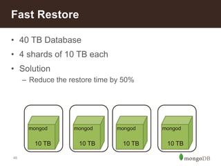 48
• 40 TB Database
• 4 shards of 10 TB each
• Solution
– Reduce the restore time by 50%
Fast Restore
mongod mongod
10 TB 10 TB
mongod mongod
10 TB 10 TB
 