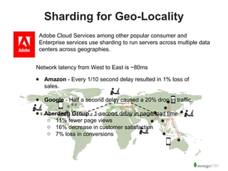 14 
Sharding for Geo-Locality 
Adobe Cloud Services among other popular consumer and 
Enterprise services use sharding to run servers across multiple data 
centers across geographies. 
Network latency from West to East is ~80ms 
● Amazon - Every 1/10 second delay resulted in 1% loss of 
sales. 
● Google - Half a second delay caused a 20% drop in traffic. 
● Aberdeen Group - 1-second delay in page-load time 
o 11% fewer page views 
o 16% decrease in customer satisfaction 
o 7% loss in conversions 
 