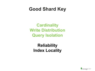 27 
Good Shard Key 
Cardinality 
Write Distribution 
Query Isolation 
Reliability 
Index Locality 
 