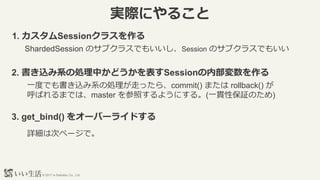 ? 2017 e-Seikatsu Co., Ltd.
gHˤ뤳
1. Session饹
ShardedSession Υ֥饹Ǥ⤤Session Υ֥饹Ǥ⤤
2. zϵ΄IФɤSessionڲ
һȤǤzϵ΄Iߤä顢commit() ޤ rollback() 
ФޤǤϡmaster դ褦ˤ롣(һ؞Ա^Τ)
3. get_bind() 򥪩`Щ`饤ɤ
ԔϴΥک`ǡ
 