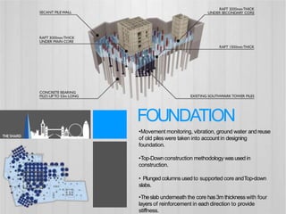 •Movement monitoring, vibration, ground water and reuse
of old piles were taken into account in designing
foundation.
•Top-Down construction methodology wasusedin
construction.
• Plunged columns usedto supported core andTop-down
slabs.
•Theslab underneath the core has3m thicknesswith four
layers of reinforcement in eachdirection to provide
stiffness.
FOUNDATION
THESHARD
 