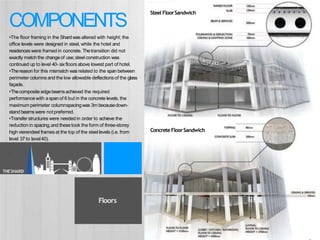THESHARD
•The floor framing in the Shardwas altered with height; the
office levels were designed in steel, while the hotel and
residences were framed in concrete. Thetransition did not
exactly match the changeof use; steel construction was
continued up to level 40- sixfloors above lowest part of hotel.
•Thereason for this mismatch was related to the span between
perimeter columns and the low allowable deflections of the glass
façade.
•Thecomposite edgebeamsachieved the required
performance with aspan of 6 but in the concrete levels, the
maximum perimeter columnspacingwas 3m becausedown-
stand beamswere notpreferred.
•Transfer structures were needed in order to achieve the
reduction in spacing,and thesetook the form of three-storey
high vierendeel frames at the top of the steellevels (i.e. from
level 37 to level40).
.
COMPONENTS
Steel FloorSandwich
ConcreteFloorSandwich
Floors
 