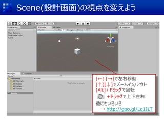 Scene(設計画面)の視点を変えよう
[←] [→]で左右移動
[↑][↓]でズームイン/アウト
[Alt]+ドラッグで回転
+ドラッグで上下左右
他にもいろいろ
→ http://goo.gl/Lq1ILT
 