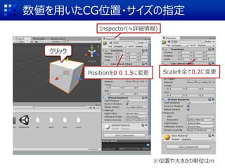 数値を用いたCG位置・サイズの指定
クリック
Positionを0 0 1.5に変更 Scaleを全て0.2に変更
※位置や大きさの単位はm
Inspector(≒詳細情報)
 