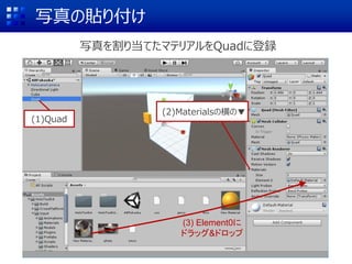 写真の貼り付け
写真を割り当てたマテリアルをQuadに登録
(2)Materialsの横の▼
(1)Quad
(3) Element0に
ドラッグ&ドロップ
 