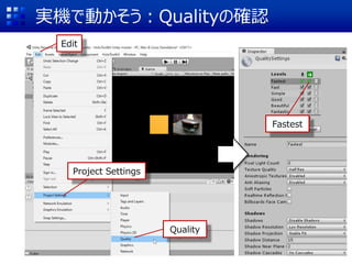 実機で動かそう：Qualityの確認
Edit
Project Settings
Quality
Fastest
 