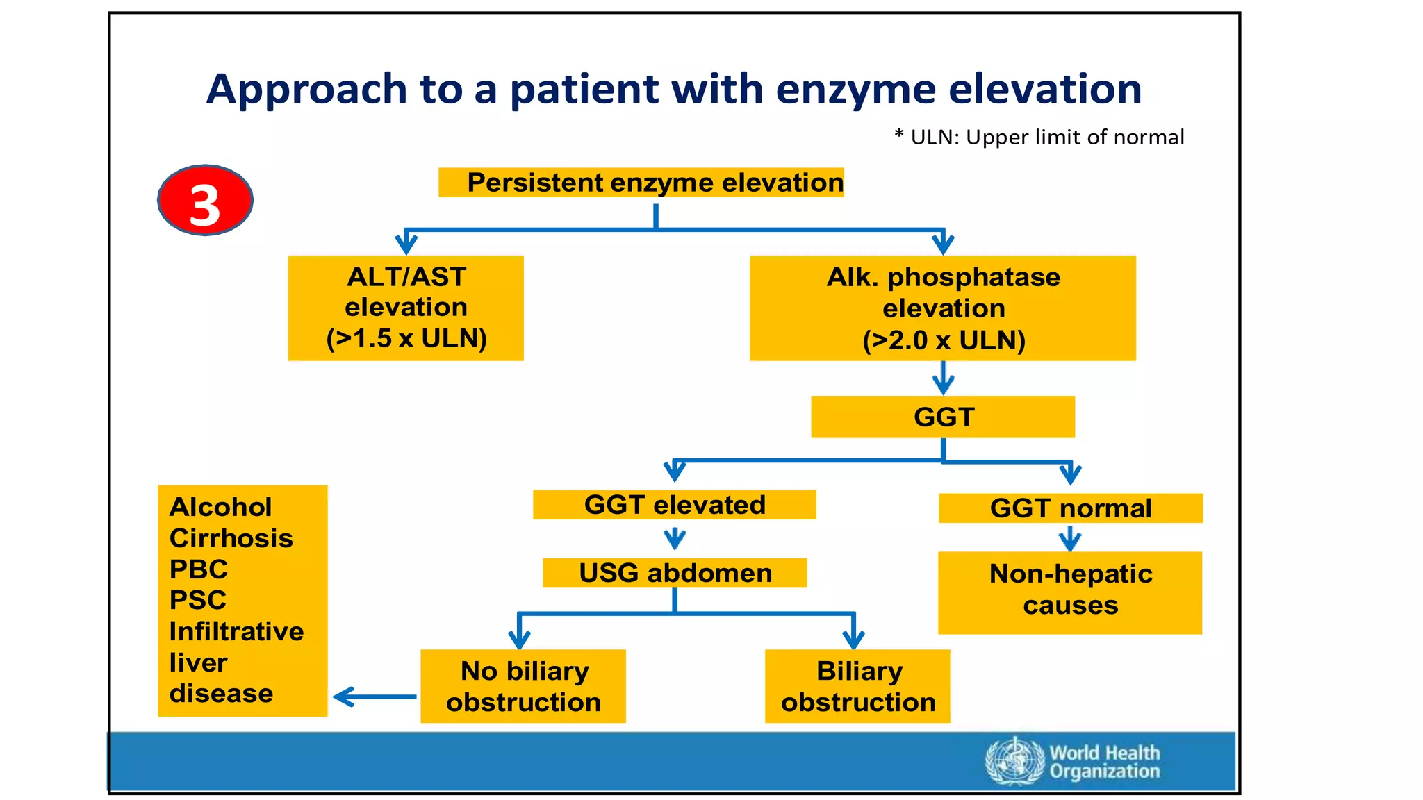 Non-hepatic
causes
Approach to a patient with enzyme elevation
* ULN: Upper limit of normal
3
Persistent enzyme elevation
ALT/AST
elevation
(>1.5 x ULN)
Alk. phosphatase
elevation
(>2.0 x ULN)
GGT
Alcohol
Cirrhosis
PBC
PSC
Infiltrative
liver
disease
GGT elevated GGT normal
USG abdomen Non-hepatic
causes
No biliary
obstruction
Biliary
obstruction
 