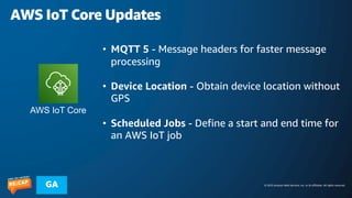 © 2023 Amazon Web Services, Inc. or its affiliates. All rights reserved.
GA
AWS IoT Core Updates
AWS IoT Core
• MQTT 5 - Message headers for faster message
processing
• Device Location - Obtain device location without
GPS
• Scheduled Jobs - Define a start and end time for
an AWS IoT job
 