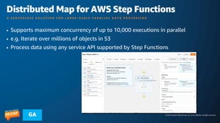 © 2023 Amazon Web Services, Inc. or its affiliates. All rights reserved.
GA
Distributed Map for AWS Step Functions
A S E R V E R L E S S S O L U T I O N F O R L A R G E - S C A L E P A R A L L E L D A T A P R O C E S S I N G
• Supports maximum concurrency of up to 10,000 executions in parallel
• e.g. Iterate over millions of objects in S3
• Process data using any service API supported by Step Functions
 