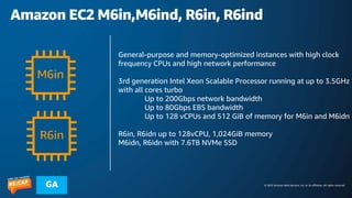 © 2023 Amazon Web Services, Inc. or its affiliates. All rights reserved.
GA
Amazon EC2 M6in,M6ind, R6in, R6ind
General-purpose and memory-optimized instances with high clock
frequency CPUs and high network performance
3rd generation Intel Xeon Scalable Processor running at up to 3.5GHz
with all cores turbo
Up to 200Gbps network bandwidth
Up to 80Gbps EBS bandwidth
Up to 128 vCPUs and 512 GiB of memory for M6in and M6idn
R6in, R6idn up to 128vCPU, 1,024GiB memory
M6idn, R6idn with 7.6TB NVMe SSD
R6in
M6in
 