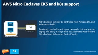 © 2023 Amazon Web Services, Inc. or its affiliates. All rights reserved.
GA
AWS Nitro Enclaves EKS and k8s support
Nitro Enclaves can now be controlled from Amazon EKS and
Kubernetes Pods
Previously, you had to write your own code, but now you can
deploy and easily manage them as Kubernetes Pods with the
Nitro Enclaves Kubernetes Device Plug-in.
 