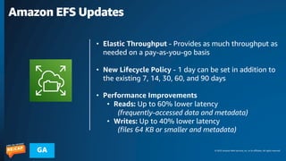 © 2023 Amazon Web Services, Inc. or its affiliates. All rights reserved.
GA
Amazon EFS Updates
• Elastic Throughput - Provides as much throughput as
needed on a pay-as-you-go basis
• New Lifecycle Policy - 1 day can be set in addition to
the existing 7, 14, 30, 60, and 90 days
• Performance Improvements
• Reads: Up to 60% lower latency
(frequently-accessed data and metadata)
• Writes: Up to 40% lower latency
(files 64 KB or smaller and metadata)
 