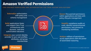 © 2023 Amazon Web Services, Inc. or its affiliates. All rights reserved.
Preview
Amazon Verified Permissions
F I N E - G R A I N E D P E R M I S S I O N S A N D A U T H O R I Z A T I O N F O R Y O U R C U S T O M A P P L I C A T I O N S
Externalize authorization
with policy and
schema management
Govern fine-grained permissions
within applications and data with
policy lifecycle management
Simplify compliance audits at
scale, identify overprovisioned
permissions, and connect to
monitoring workflows
Analyze millions of permissions
across applications with the power
of automated reasoning
Integrate your current identity
provider to sync user profiles,
attributes, and group
memberships
Build applications faster
and support Zero Trust
architectures with
dynamic, real-time
authorization decisions
 