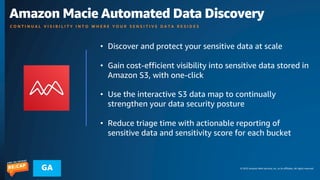 © 2023 Amazon Web Services, Inc. or its affiliates. All rights reserved.
GA
Amazon Macie Automated Data Discovery
C O N T I N U A L V I S I B I L I T Y I N T O W H E R E Y O U R S E N S I T I V E D A T A R E S I D E S
• Discover and protect your sensitive data at scale
• Gain cost-efficient visibility into sensitive data stored in
Amazon S3, with one-click
• Use the interactive S3 data map to continually
strengthen your data security posture
• Reduce triage time with actionable reporting of
sensitive data and sensitivity score for each bucket
 