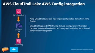 © 2023 Amazon Web Services, Inc. or its affiliates. All rights reserved.
GA
AWS CloudTrail Lake AWS Config integration
AWS CloudTrail
CloudTrail
Lake
AWS Config
AWS CloudTrail Lake can now import configuration items from AWS
Config.
CloudTrail logs and AWS Config-derived configuration information
can now be centrally collected and analyzed, facilitating security and
compliance investigations
 