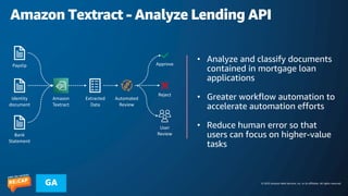 © 2023 Amazon Web Services, Inc. or its affiliates. All rights reserved.
GA
Amazon Textract - Analyze Lending API
Amazon
Textract
Payslip
Identity
document
Bank
Statement
Extracted
Data
User
Review
Automated
Review
Approve
Reject
• Analyze and classify documents
contained in mortgage loan
applications
• Greater workflow automation to
accelerate automation efforts
• Reduce human error so that
users can focus on higher-value
tasks
 
