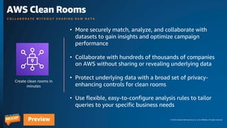 © 2023 Amazon Web Services, Inc. or its affiliates. All rights reserved.
Preview
Create clean rooms in
minutes
AWS Clean Rooms
C O L L A B O R A T E W I T H O U T S H A R I N G R A W D A T A
• More securely match, analyze, and collaborate with
datasets to gain insights and optimize campaign
performance
• Collaborate with hundreds of thousands of companies
on AWS without sharing or revealing underlying data
• Protect underlying data with a broad set of privacy-
enhancing controls for clean rooms
• Use flexible, easy-to-configure analysis rules to tailor
queries to your specific business needs
 