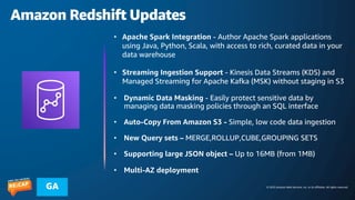 © 2023 Amazon Web Services, Inc. or its affiliates. All rights reserved.
GA
Amazon Redshift Updates
• Apache Spark Integration - Author Apache Spark applications
using Java, Python, Scala, with access to rich, curated data in your
data warehouse
• Streaming Ingestion Support - Kinesis Data Streams (KDS) and
Managed Streaming for Apache Kafka (MSK) without staging in S3
• Dynamic Data Masking - Easily protect sensitive data by
managing data masking policies through an SQL interface
• Auto-Copy From Amazon S3 - Simple, low code data ingestion
• New Query sets – MERGE,ROLLUP,CUBE,GROUPING SETS
• Supporting large JSON object – Up to 16MB (from 1MB)
• Multi-AZ deployment
 