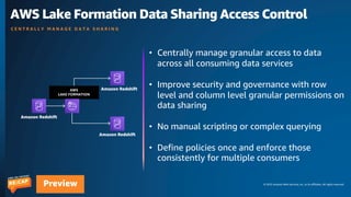 © 2023 Amazon Web Services, Inc. or its affiliates. All rights reserved.
Preview
AWS Lake Formation Data Sharing Access Control
C E N T R A L L Y M A N A G E D A T A S H A R I N G
AWS
LAKE FORMATION
Amazon Redshift
Amazon Redshift
Amazon Redshift
• Centrally manage granular access to data
across all consuming data services
• Improve security and governance with row
level and column level granular permissions on
data sharing
• No manual scripting or complex querying
• Define policies once and enforce those
consistently for multiple consumers
 