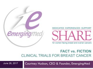 Courtney Hudson, CEO & Founder, EmergingMedJune 26, 2017
FACT VS FICTION:
CLINICAL TRIALS FOR OVARIAN CANCER
FACT vs. FICTION
CLINICAL TRIALS FOR BREAST CANCER
 
