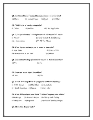 Q1. In which of these Financial Instruments do you invest into?
(i) Shares          (ii) Mutual Funds       (iii)Bonds          (iv) Others


Q2. Which type of trading you prefer?
(i) Online           (ii) Offline                (iii) Not Applicable


Q3. If you prefer online Trading then what are the reasons for it?
(i) Privacy                           (ii) User friendly & Time Saving
(iii) Convenience                     (IV) All The Above


Q4. What factors motivates you to invest in securities?
(i) New IPO's                                        (ii) Entry of FII's
(iii) More returns in less time                     (iv) Others


Q5. Does online trading system motivate you to deal in securities?
(i) Yes                                (ii) No




Q6. Have you heard about Sharekhan?
 (i) Yes                               (ii) No


Q7. Which Brokerage Firm do you prefer for Online Trading?
(i) ICICI Direct         (ii) Sharekhan     (iii) India bulls
(iv) Kotak Securities    (v) 5paisa        (vi) Any other__________


Q8. What differentiates your Share Trading Company from others?
(i)Brokerage       (ii) Research Report (iii) Dial up trade facility
(iv)Magazine       (v) Exposure             (vi) Account opening charges


Q9. How often do you trade?
 