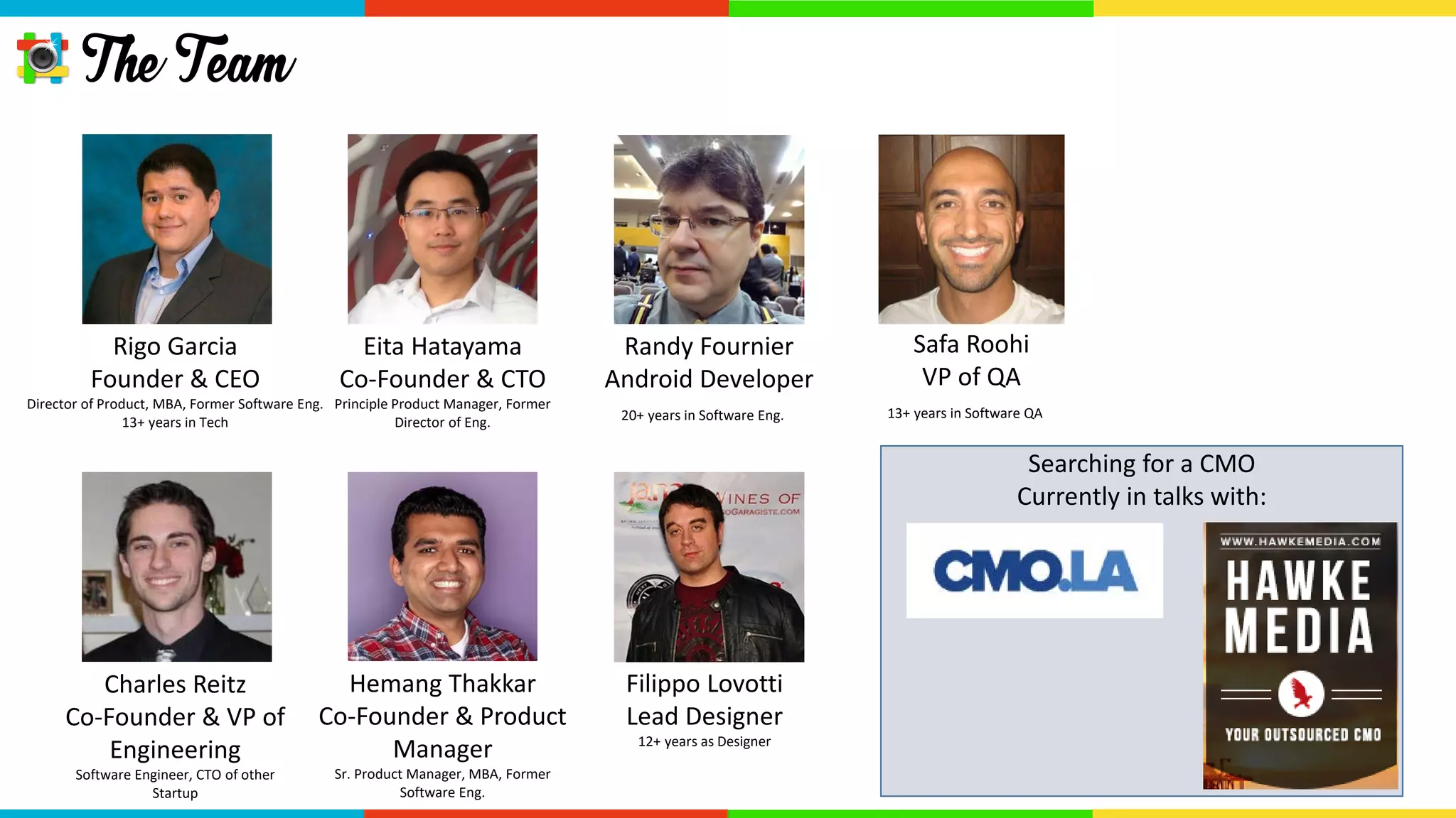 iOS & Android App
complete. Closed Beta with
50+ Test Users
Soft Launch limited to Los
Angeles area
Close Seed Round
Fundraising
Expand to major cities
nationwide
Now April ‘17 Summer ‘17 Late ‘17
Timeline
 