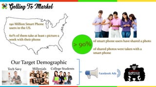 190 Million Smart Phone
users in the US.
60% of them take at least 1 picture a
week with their phone
of shared photos were taken with a
smart phone
of smart phone users have shared a photo
> 90%
Our Target Demographic
Tech Savy Millenials College Students
GettingTo Market
 