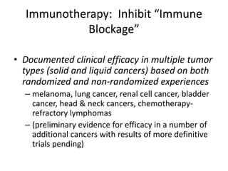 Immunotherapy: Inhibit “Immune
Blockage”
• Documented clinical efficacy in multiple tumor
types (solid and liquid cancers)...