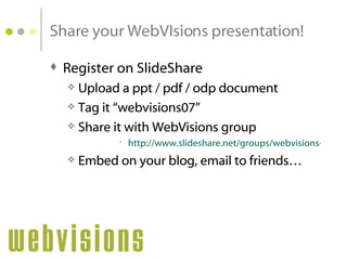 Share your WebVIsions presentation! ,[object Object],[object Object],[object Object],[object Object],[object Object],[object Object]