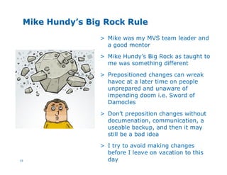 19
Mike HundyMike Hundy’’s Big Rock Rules Big Rock Rule
> Mike was my MVS team leader and
a good mentor
> Mike Hundy’s Big Rock as taught to
me was something different
> Prepositioned changes can wreak
havoc at a later time on people
unprepared and unaware of
impending doom i.e. Sword of
Damocles
> Don’t preposition changes without
documenation, communication, a
useable backup, and then it may
still be a bad idea
> I try to avoid making changes
before I leave on vacation to this
day
 