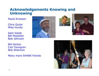 36
Acknowledgements Knowing andAcknowledgements Knowing and
UnknowingUnknowing
Paula Knutson
Chris Guiler
Mike Hundy
Sam Golob
Bill Mosteller
Bob Johnson
Bill Horton
Carl Youngren
Bob Shannon
Many more SHARE friends
 
