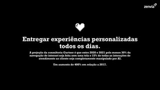 Entregar experiências personalizadas
todos os dias.
A projeção da consultoria Gartner é que entre 2020 e 2021 pelo menos 30% da
navegação de internet seja feita sem uma tela e 15% de todas as interações de
atendimento ao cliente seja completamente manipulado por AI.
Um aumento de 400% em relação a 2017.
 