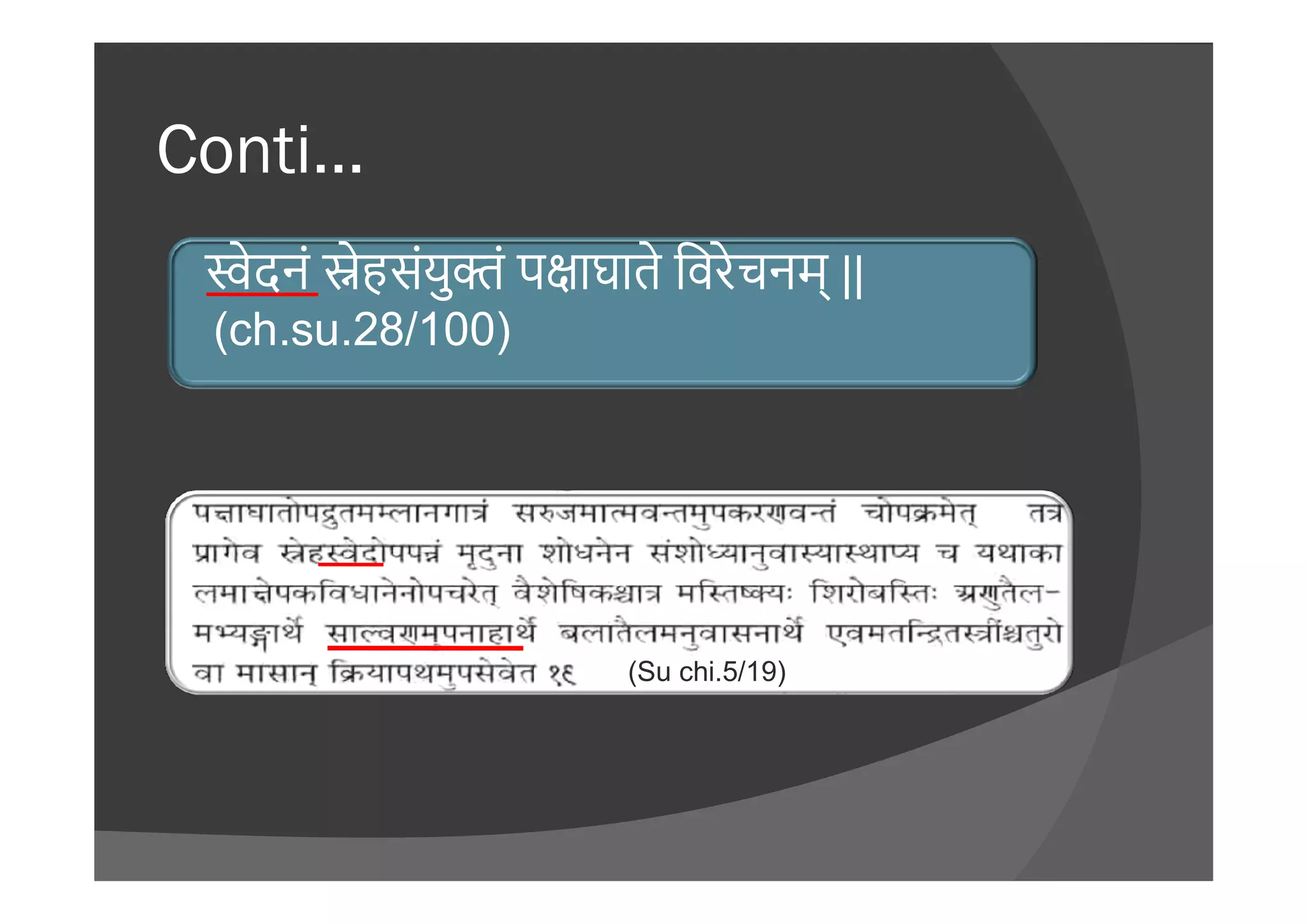 Conti…
ेदनं ेहसंयु ं प ाघाते िवरेचनम् ||
(ch.su.28/100)
(Su chi.5/19)
 