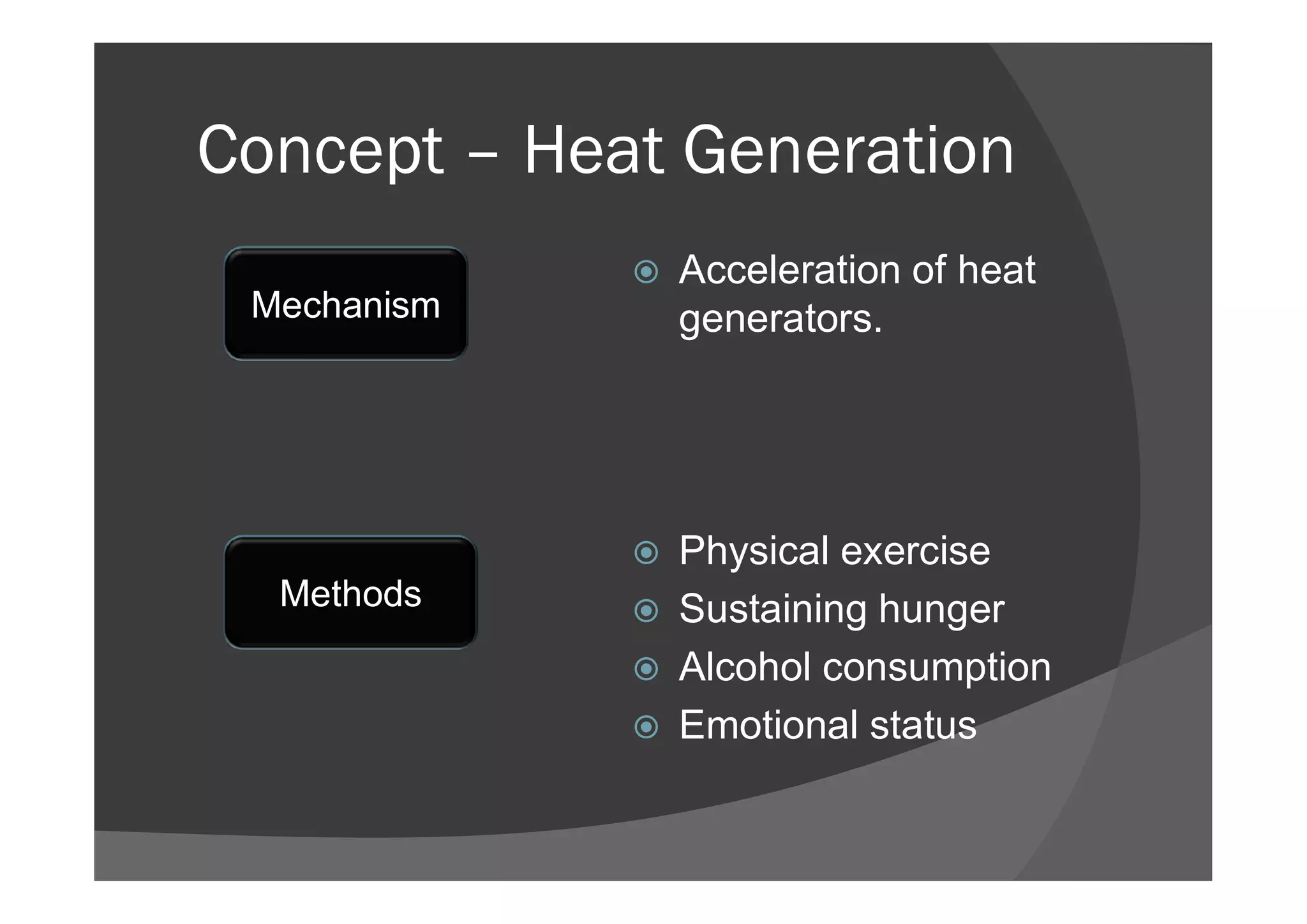 Concept – Heat Generation
 Acceleration of heat
generators.Mechanism
 Physical exercise
 Sustaining hunger
 Alcohol consumption
 Emotional status
Methods
 