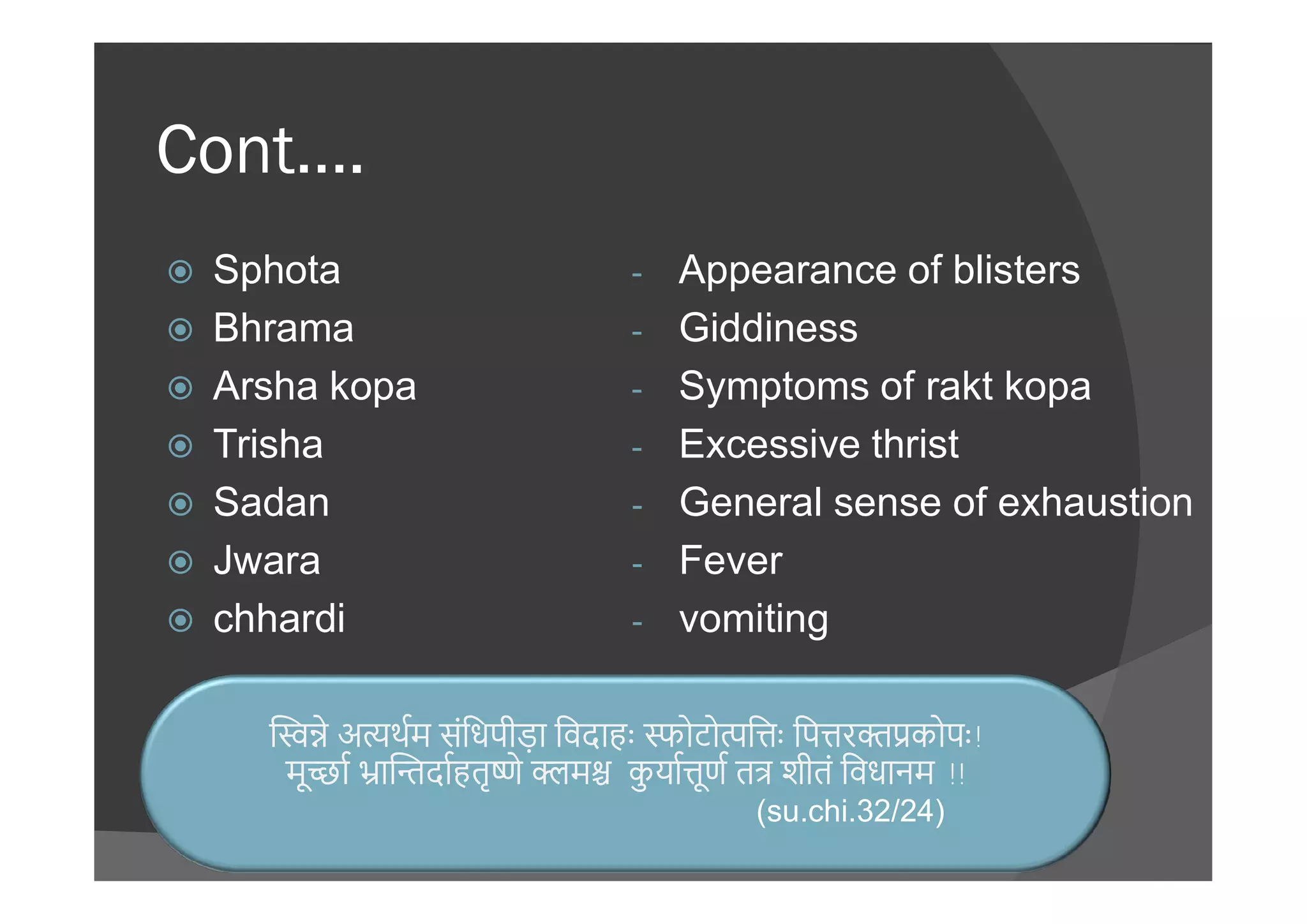 Cont….
 Sphota
 Bhrama
 Arsha kopa
 Trisha
- Appearance of blisters
- Giddiness
- Symptoms of rakt kopa
- Excessive thrist Trisha
 Sadan
 Jwara
 chhardi
- Excessive thrist
- General sense of exhaustion
- Fever
- vomiting
े अ थम संिधपीड़ा िवदाहः ोटो ि ः िप र कोपः !
मू ा ा दाहतृ े म कु या ूण त शीतं िवधानम !!
(su.chi.32/24)
 