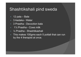 Busha / Tusha Pind sweda
 Type
 Ingredients
 Oil
Other
 Ruksha
 Busa (bran of rice),
rason, shrigru twaka
 Not requi...