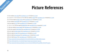 Picture References
[1] Icons made by Chris Veigt from www.flaticon.com is licensed by CC 3.0 BY
[2, 5, 6, 8, 9, 12, 13, 16, 18, 20, 24, 25, 27, 29, 39] Icons made by Freepik from www.flaticon.com is licensed by CC 3.0 BY
[3, 4, 37] Icons made by Gregor Cresnar from www.flaticon.com is licensed by CC 3.0 BY
[7] Icons made by Pixel Buddha from www.flaticon.com is licensed by CC 3.0 BY
[10] Icons made by Lucy G from www.flaticon.com is licensed by CC 3.0 BY
[11, 14, 15, 21, 22, 35] Icons made by Madebyoliver from www.flaticon.com is licensed by CC 3.0 BY
[17, 40] Icons made by Vectors Market from www.flaticon.com is licensed by CC 3.0 BY
[19, 36] Icons made by Dave Gandy from www.flaticon.com is licensed by CC 3.0 BY
[23] Icons made by Nikita Golubev from www.flaticon.com is licensed by CC 3.0 BY
[26] Icons made by Twitter from www.flaticon.com is licensed by CC 3.0 BY
[28] Icons made by DinosoftLabs from www.flaticon.com is licensed by CC 3.0 BY
[30] Icons made by Becris from www.flaticon.com is licensed by CC 3.0 BY
[31] https://upload.wikimedia.org/wikipedia/en/thumb/6/62/MySQL.svg/1200px-MySQL.svg.png
[32] https://safenet.gemalto.com/uploadedImages/images/Logos/postgresql-logo.png
[33] https://upload.wikimedia.org/wikipedia/commons/thumb/3/38/SQLite370.svg/2000px-SQLite370.svg.png
31
 