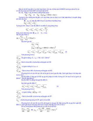 c tính theo công th
c: 
W = 3n – (2P5 + P4) + rth - Wth 
O5 
= 3 * 5 – (2 * 6 + 1) + 0 – 1 = 1 
Chn khâu 1 là khâu dan, vì có khp loi cao là khp cam (tiêp xúc gi!a cam 1 và con lăn 2), 
do vay ta phi thay thê khp cao thành khp thâp (do biên dng cam ti v trí tiêp xúc là phang nên 
thay thê khp thâp là khp tnh tiên)(hình 1.8b). 
Bac t do cơ câu thay thê: 
W = 3 * 5 – (2 * 7 + 0) + 0 – 0 = 1 
Khi tách nhóm ta có 2 nhóm tĩnh ñinh loi 2 như hình 1.8c. ðây là cơ câu loi 2. 
Công th
c câu to cơ câu : 1 = 1 + 0 + 0 
9) Tính bac t do và xêp loi cơ câu phanh má (hình 1.9a) 
1 
B D 
2 
3 
O3 
5 
A 
O5 
4 
1 
Hình 1.9a Hình 1.9b Hình 1.9c 
Bac t do cơ câu Hình 1.9a ñư 