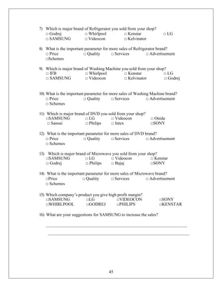 45
7) Which is major brand of Refrigerator you sold from your shop?
□ Godrej □ Whirlpool □ Kenstar □ LG
□ SAMSUNG □ Videocon □ Kelvinator
8) What is the important parameter for more sales of Refrigerator brand?
□ Price □ Quality □ Services □ Advertisement
□Schemes
9) Which is major brand of Washing Machine you sold from your shop?
□ IFB □ Whirlpool □ Kenstar □ LG
□ SAMSUNG □ Videocon □ Kelvinator □ Godrej
10) What is the important parameter for more sales of Washing Machine brand?
□ Price □ Quality □ Services □ Advertisement
□ Schemes
11) Which is major brand of DVD you sold from your shop?
□SAMSUNG □ LG □ Videocon □ Onida
□ Sansui □ Philips □ Intex □SONY
12) What is the important parameter for more sales of DVD brand?
□ Price □ Quality □ Services □ Advertisement
□ Schemes
13) Which is major brand of Microwave you sold from your shop?
□SAMSUNG □ LG □ Videocon □ Kenstar
□ Godrej □ Philips □ Bajaj □SONY
14) What is the important parameter for more sales of Microwave brand?
□Price □ Quality □ Services □ Advertisement
□ Schemes
15) Which company’s product you give high profit margin?
□SAMSUNG □LG □VIDEOCON □SONY
□WHIRLPOOL □GODREJ □PHILIPS □KENSTAR
16) What are your suggestions for SAMSUNG to increase the sales?
 