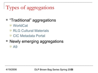 4/19/2006 DLP Brown Bag Series Spring 20065
Types of aggregations
 “Traditional” aggregations
 WorldCat
 RLG Cultural Materials
 CIC Metadata Portal
 Newly emerging aggregations
 A9
 