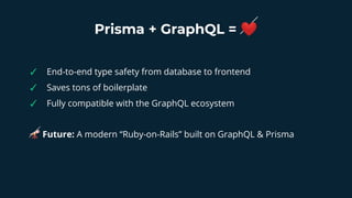 Prisma + GraphQL = ❤
✓ End-to-end type safety from database to frontend
✓ Saves tons of boilerplate
✓ Fully compatible wit...