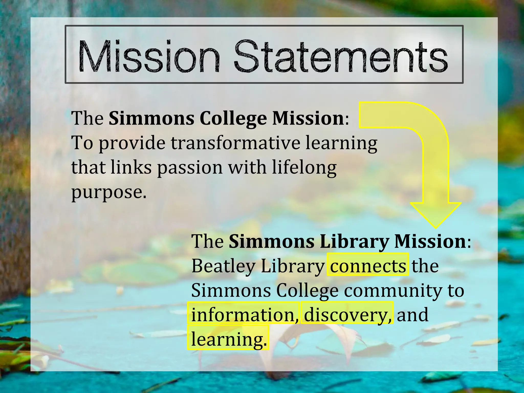 The Simmons College Mission:
To provide transformative learning
that links passion with lifelong
purpose.

             The Simmons Library Mission:
             Beatley Library connects the
             Simmons College community to
             information, discovery, and
             learning.
 