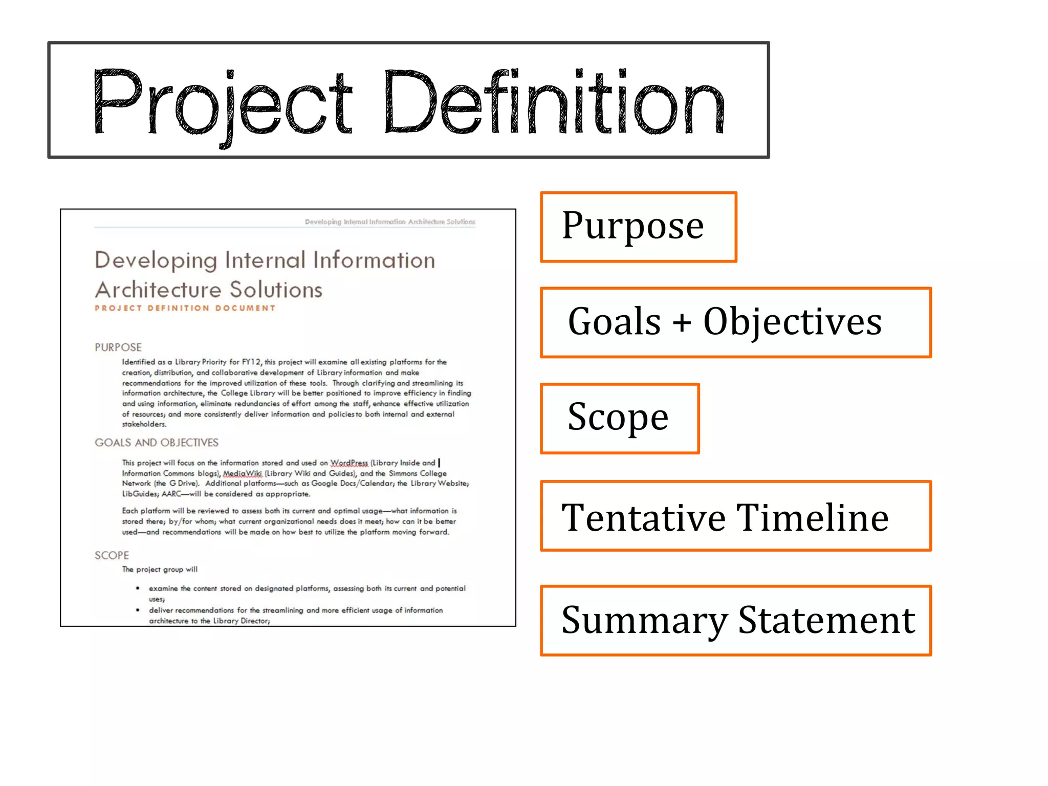 Purpose

Goals + Objectives

Scope

Tentative Timeline

Summary Statement
 
